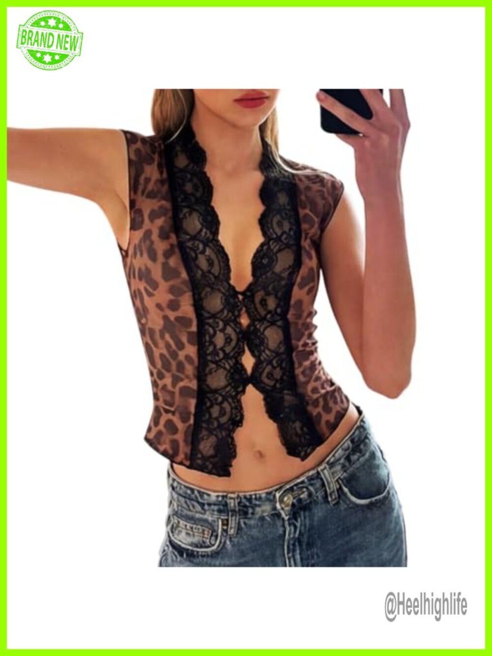 Lace Trim Sleeveless V Neck Crop Top Mesh Sheer Summer Blouse